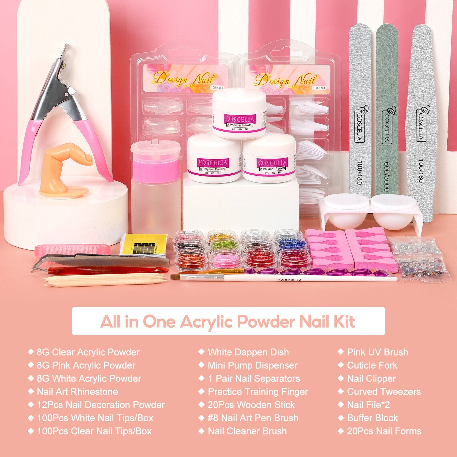 21 Nail Kit Acrylic Powder Glitter Beginner Art Manicure Tool Tips Brush Set