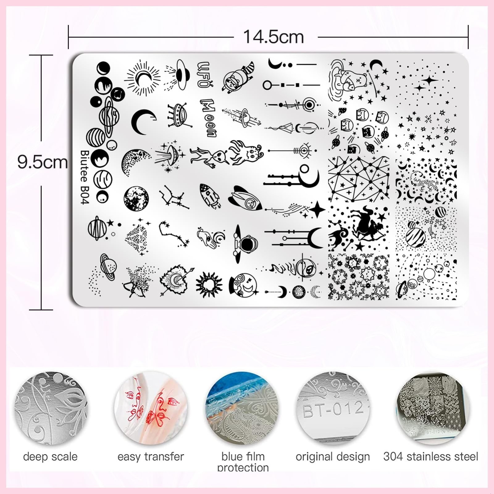 4PCS Nail Stamping Plates Set with Stamper & Scraper – French Lace, Space, Anima