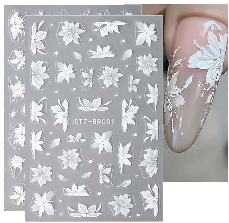 2Pcs 3D White Lace Flower Lily Petal Matte Effect Thin Nail Stickers NH27
