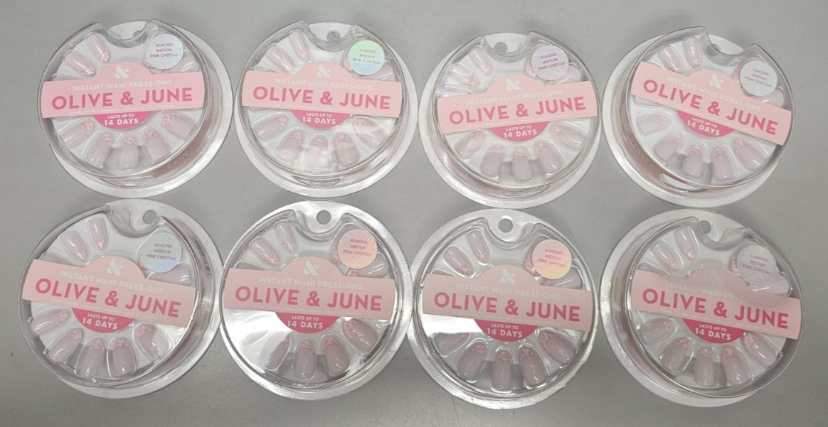 8X Olive & June Instant Mani Press On ALMOND MED PINK CHEETAH Shimmer Nails