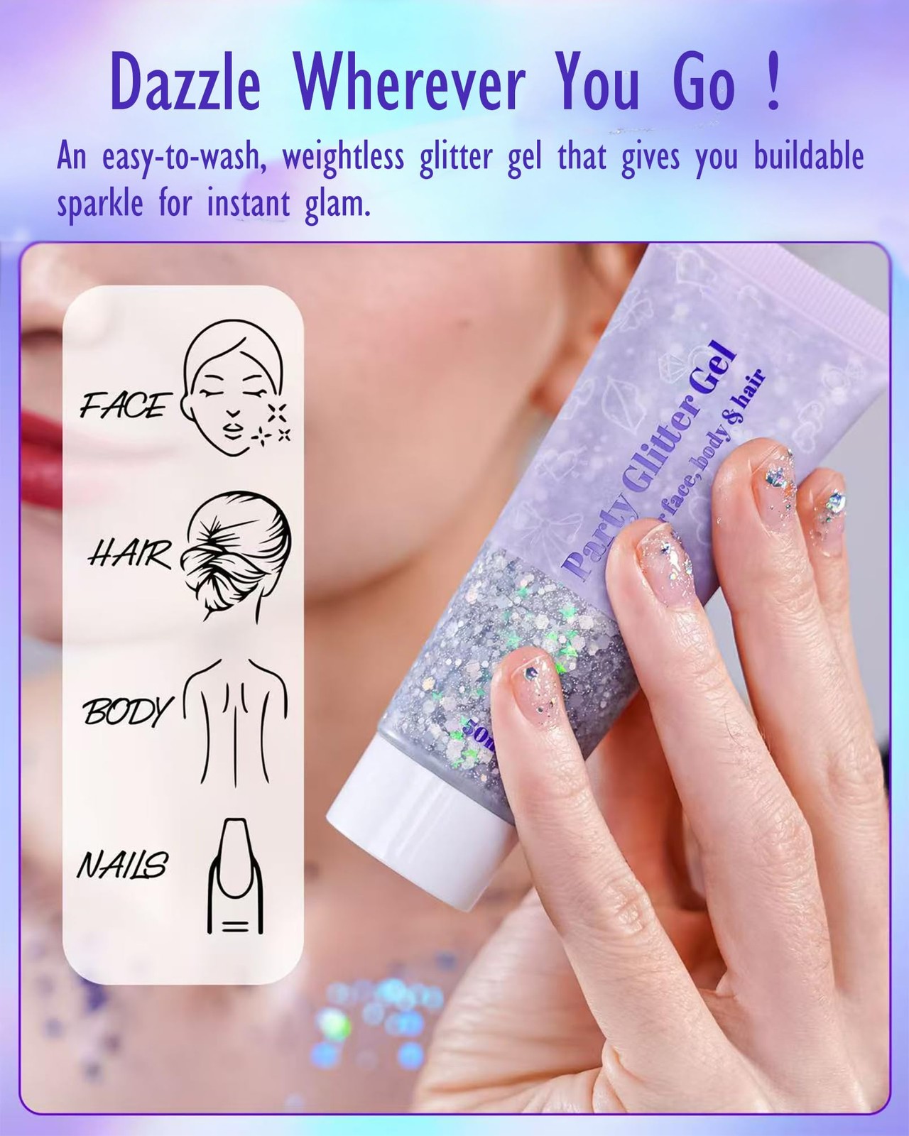 Mardi Gras Face Body Glitter Gel for Women – Gold Green Purple Mixed Chunky H…