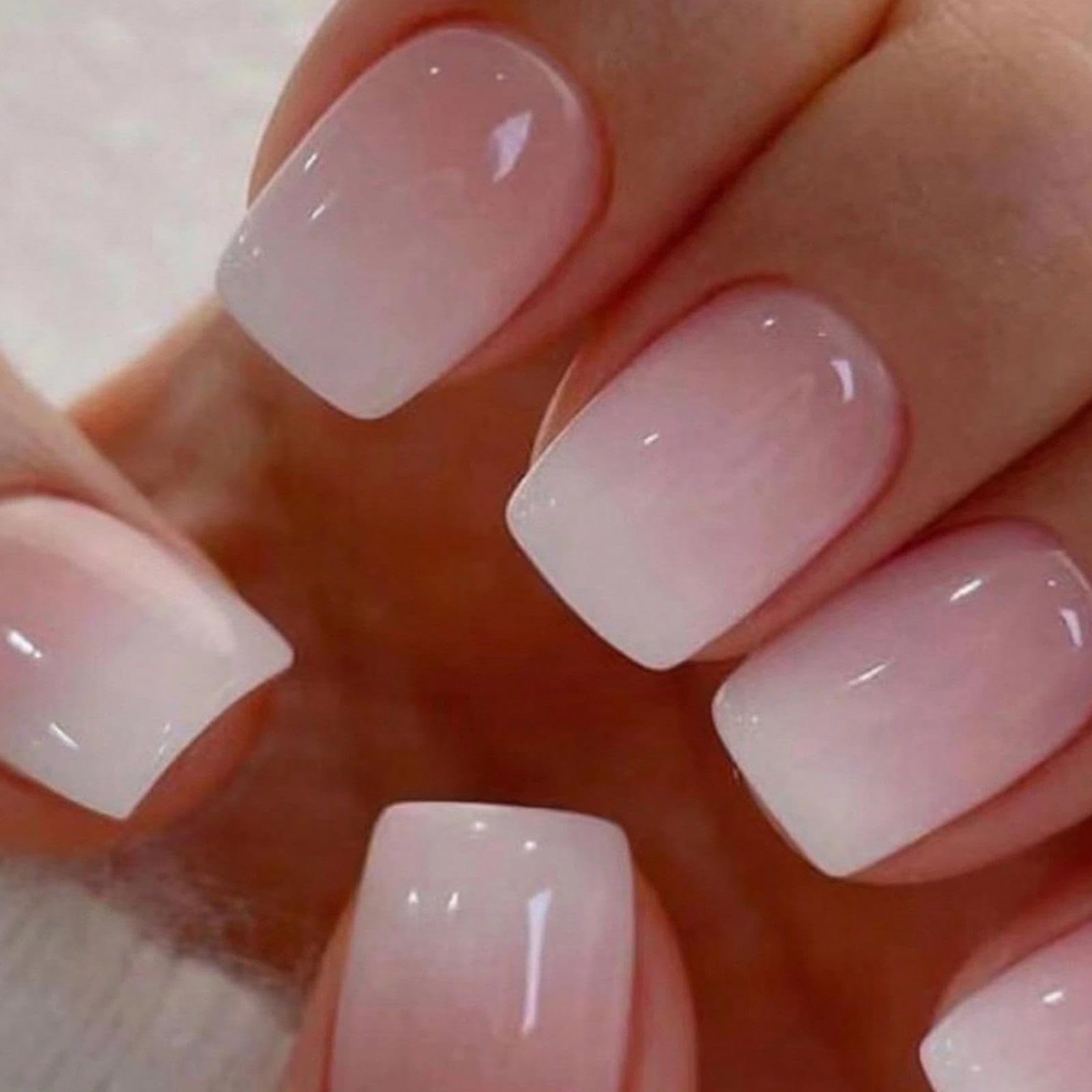 Pink Ombre Press on Nails Short Square Fake Nails with Nude White Gradient De…