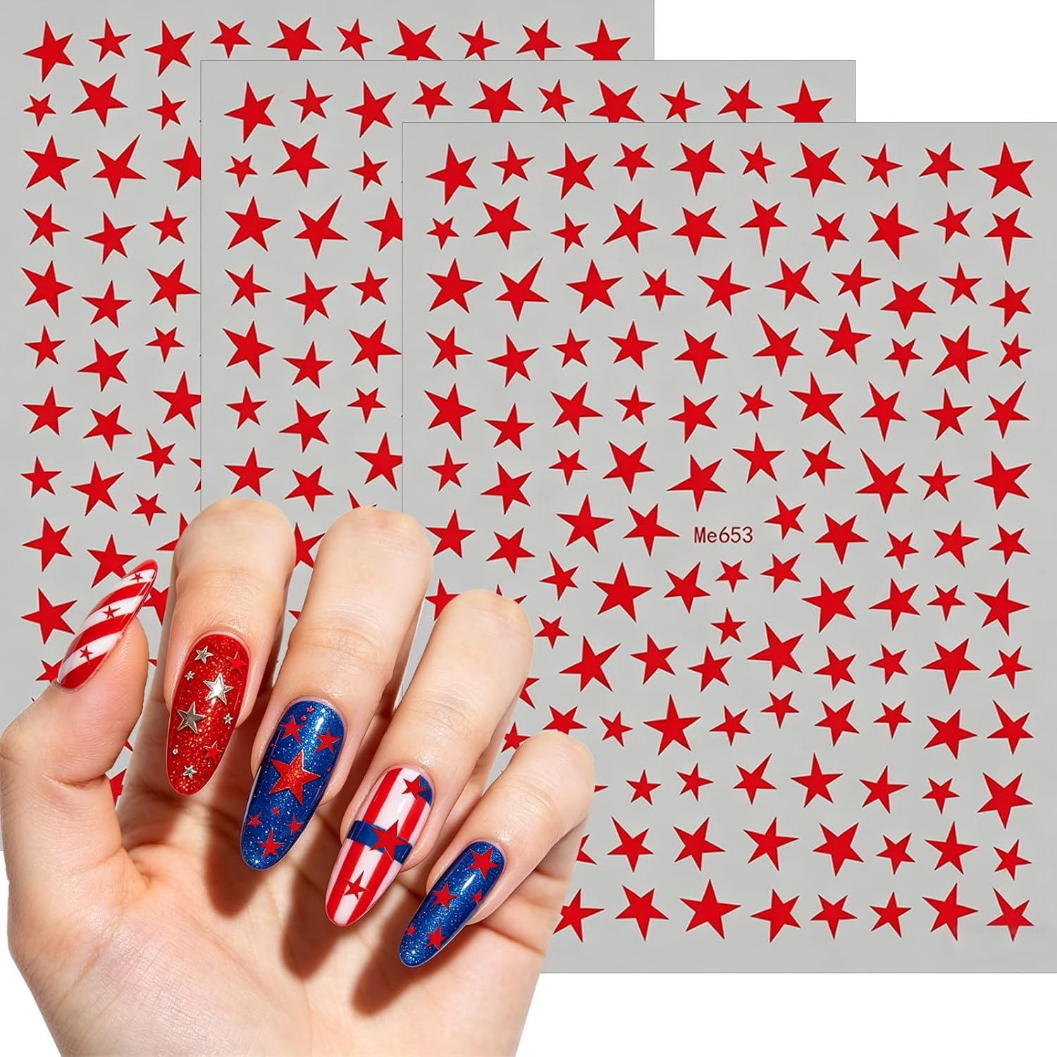 9 PCS 4Th of July Nail Stickers, Red White and Blue Nails Star Stickers | 3D