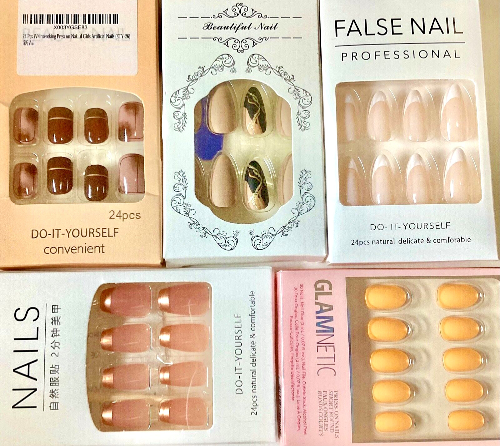 5 Acrylic Press On Nails Kits GLAMNETIC Orange GOLD Glitter BROWN French Tips +