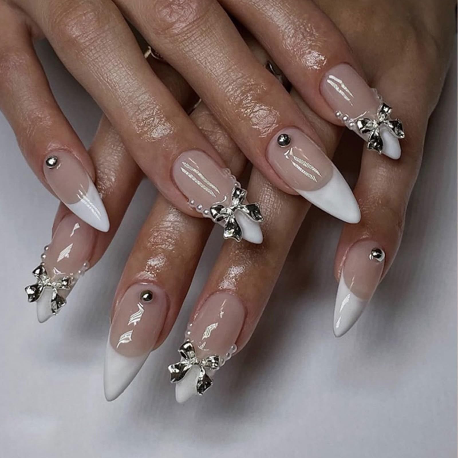 French Tip Almond Glue on Nails – Medium Length False Nails with Silver Bow P…