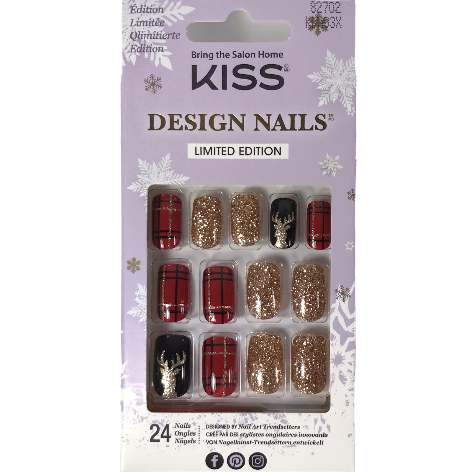 NEW Kiss Nails Limited Edition Glue Manicure Medium Reindeer Plaid Red Christmas