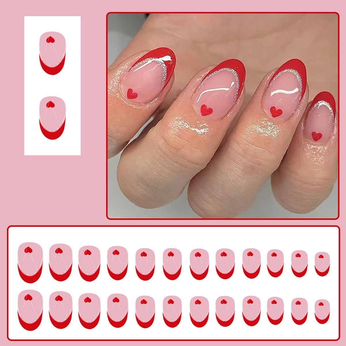 24 Pcs Red French Tip Press on Nails Short Almond with Glitter Design Valenti…