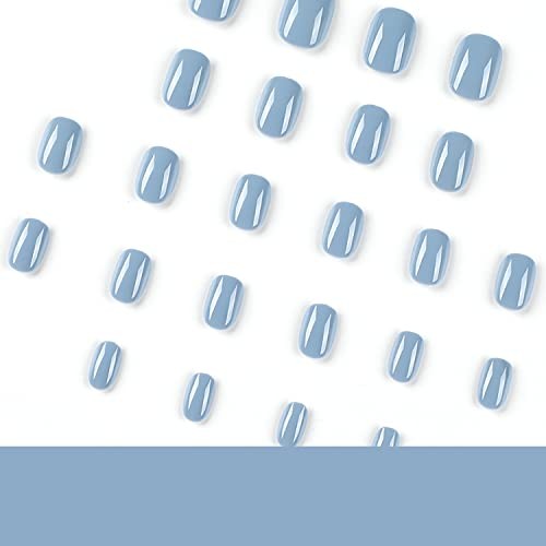 Square Blue Fake Nails – Full Cover with Glossy Gray-Blue Glossy