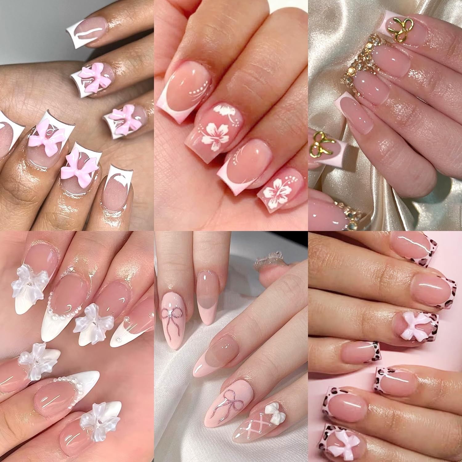 144 Reusable Press-On Nails Set | 12 Sizes, 6 Styles, Cute Bow Design
