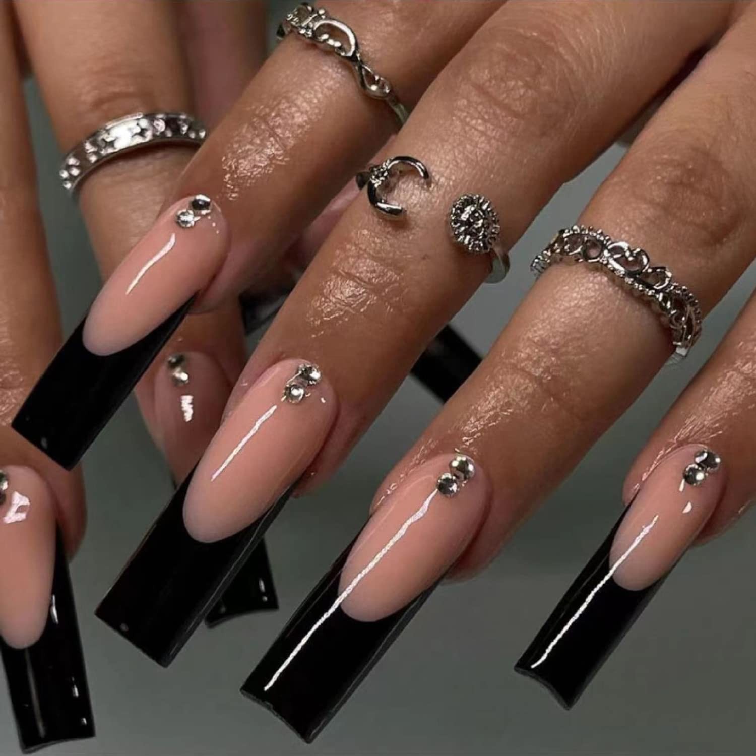 Long Press on Nails Black Square Fake Full Cover Reusable Coffin