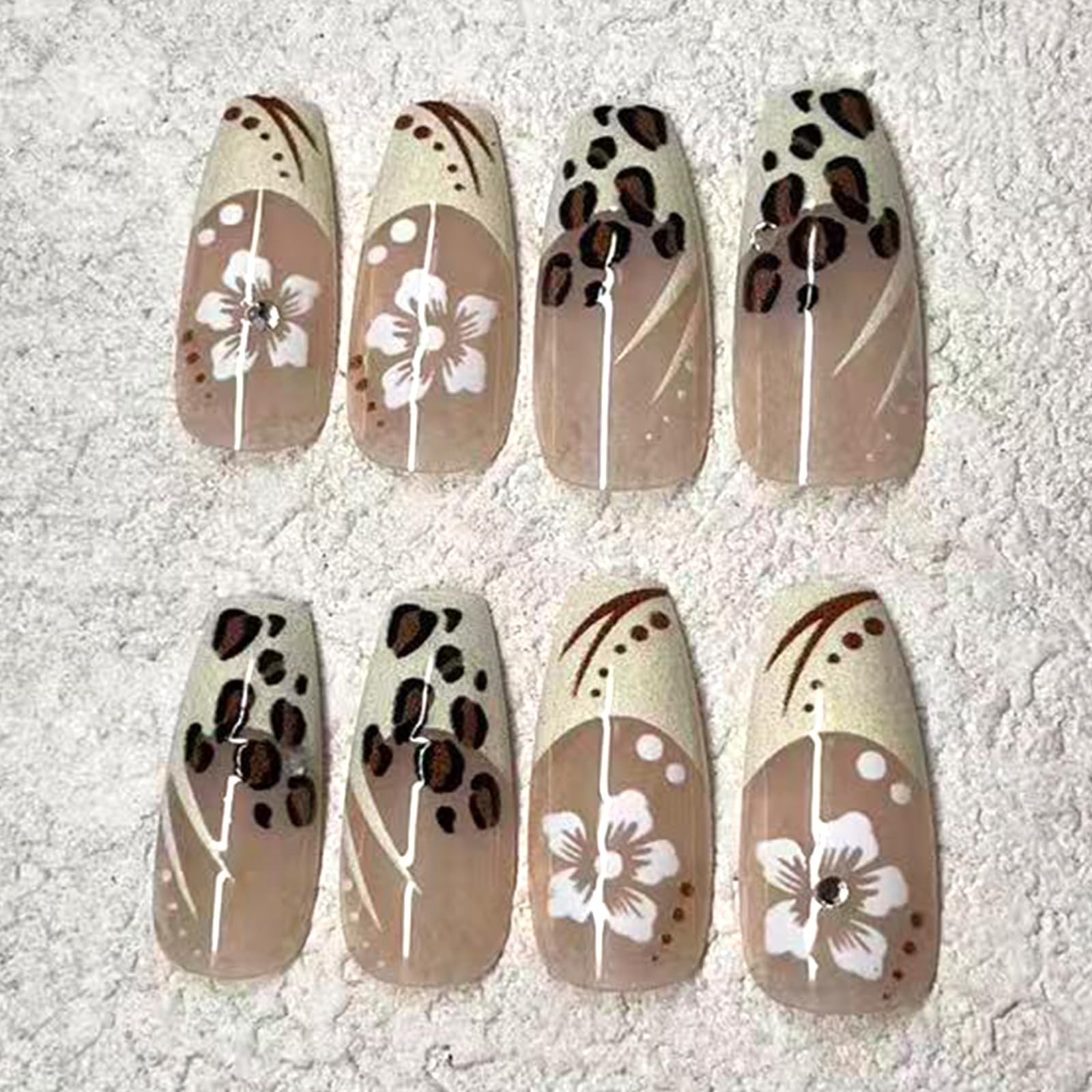 White French Tip Press on Nails Medium Square Fake Nails with Designs Brown L…
