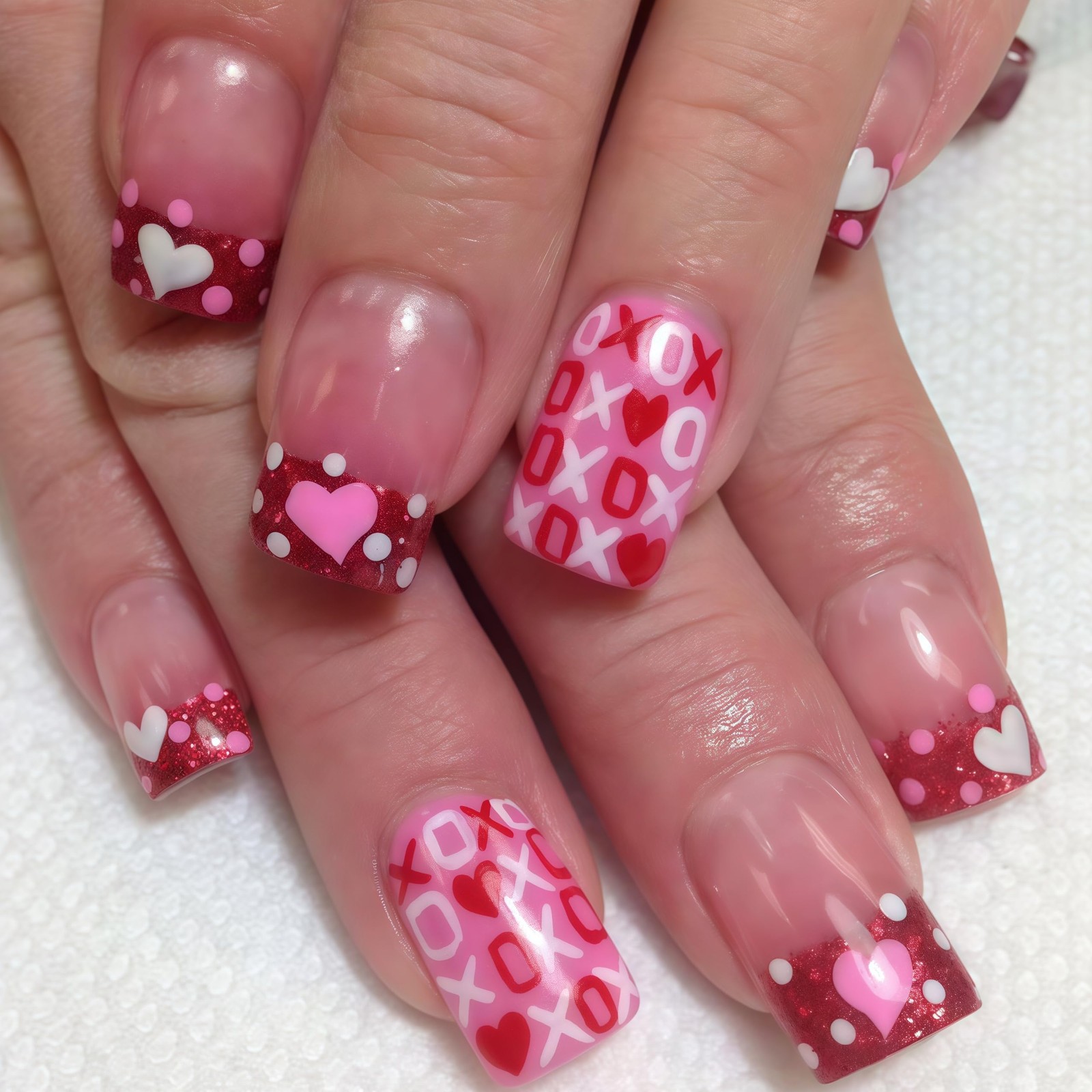 Square Press on Nails Short Red Glitter French Tip Fake Nails Pink Heart Acry…