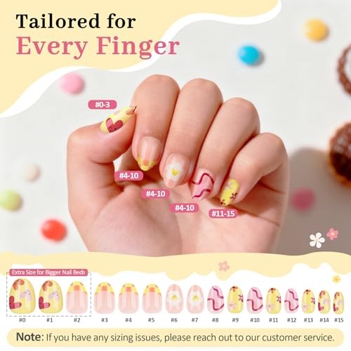 16 Sizes Press on Nails Kit for Kids – 32 Pieces French Almond B-Happy Smile
