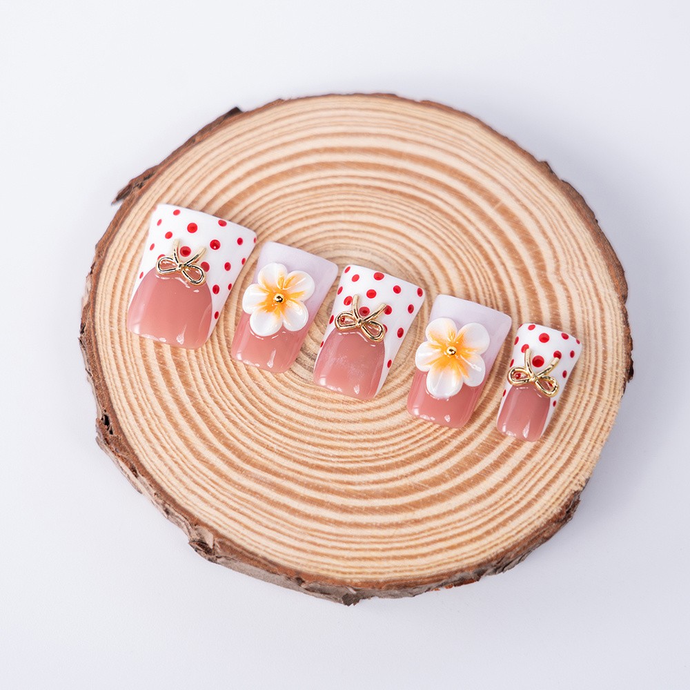 10pcs Handmade Nails, Yellow White Ombre w/ 3D Flowers, Red Polka Dot, Chic