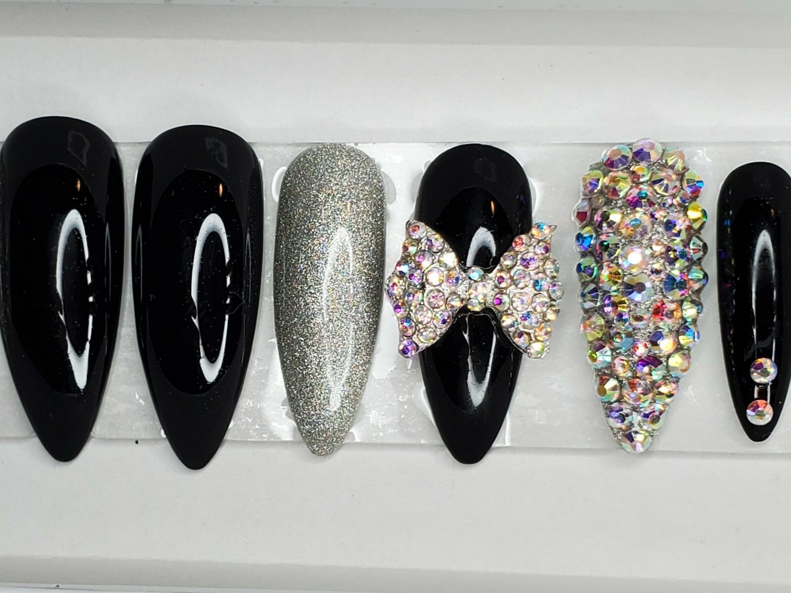 Black holographic glitter bling press on nails holo diamond crystal stiletto