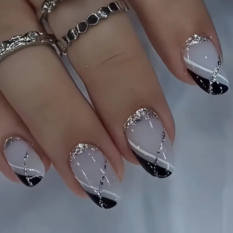 [Silvery Nail Art] 24pcs French Silvery Golden Powder Nail Art + Black and White