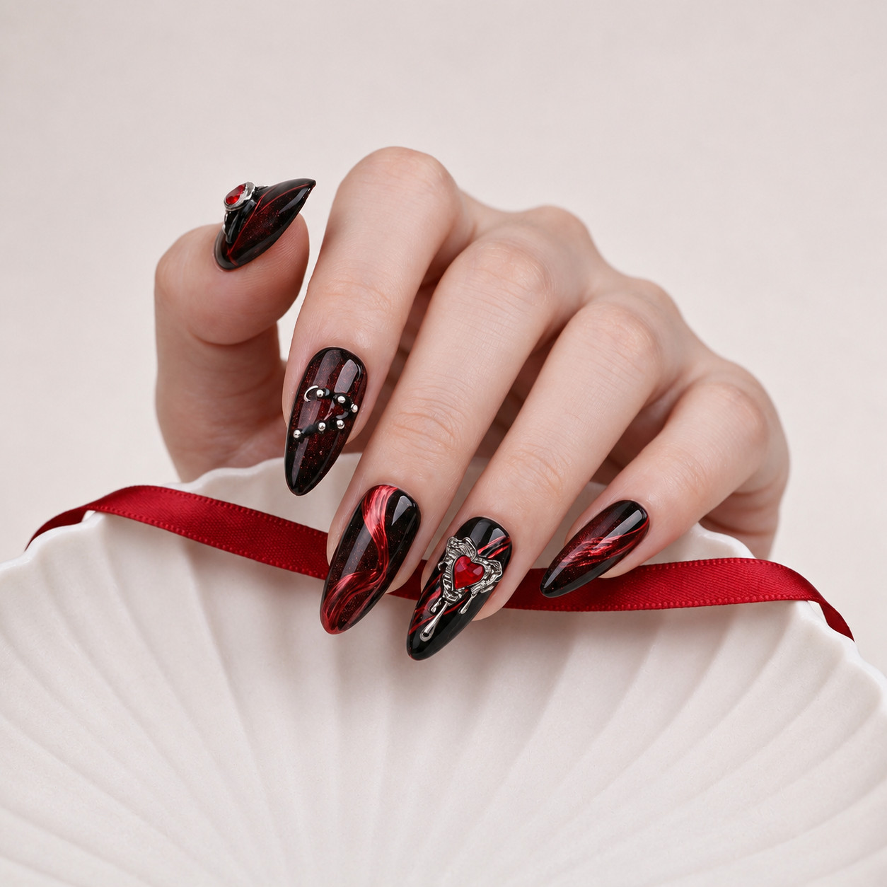 Press On Nails Medium Almond Black Red Cat Eye Rhinestone Gothic Halloween Nails