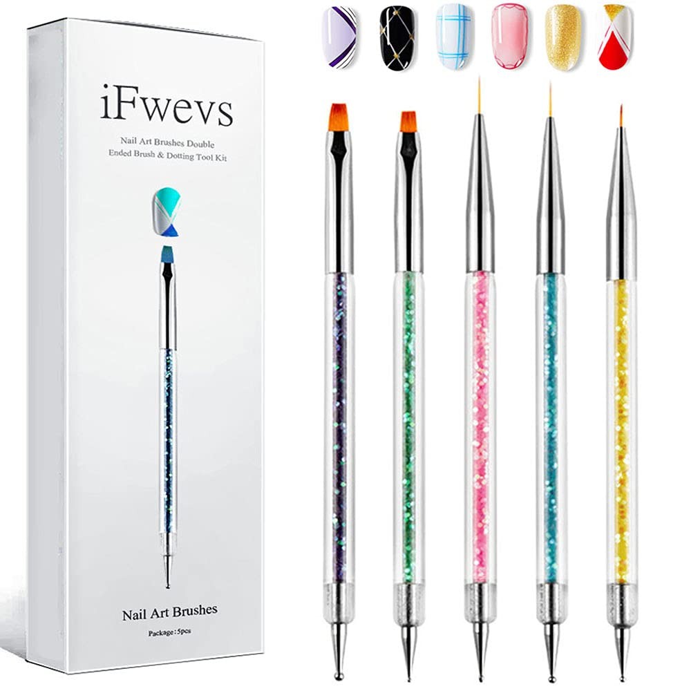 iFwevs Nail Art Brushes,5pcs Double Ended Brush & Dotting Tool Kit,Including Nai