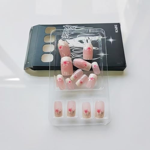 24Pcs White French Tip Press on Nails Short Square Fake Nails Pink Flower W14