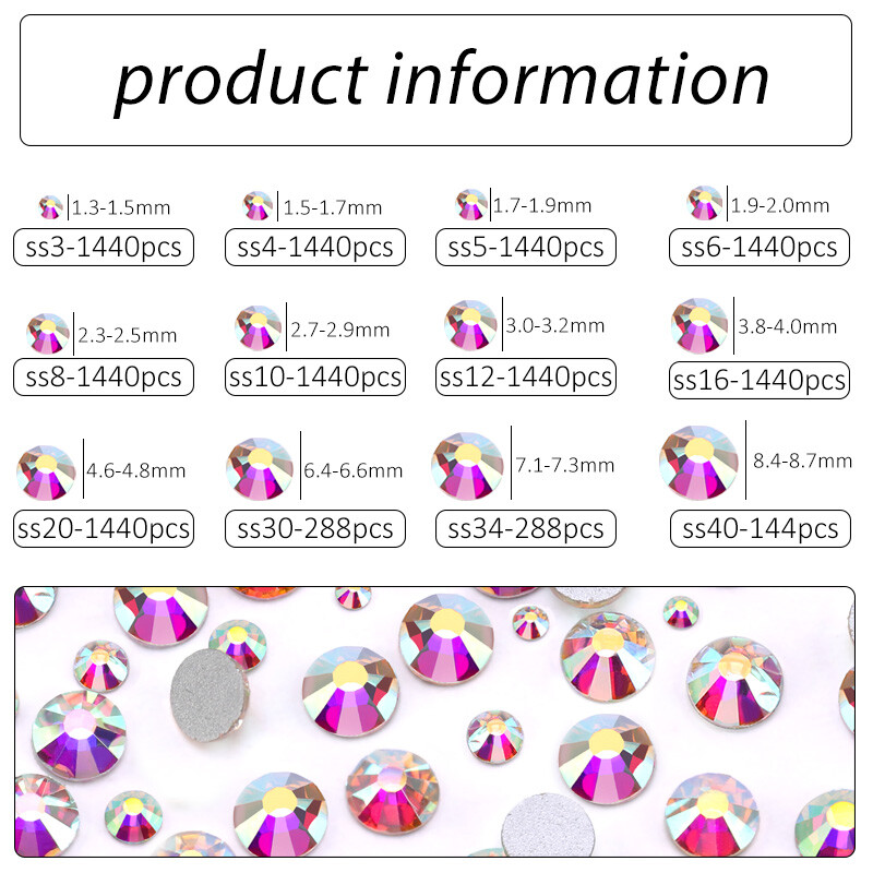 1440pcs Glitter Flatback Rhinestones Glass Crystal Gems For Nails Makeup Clothes