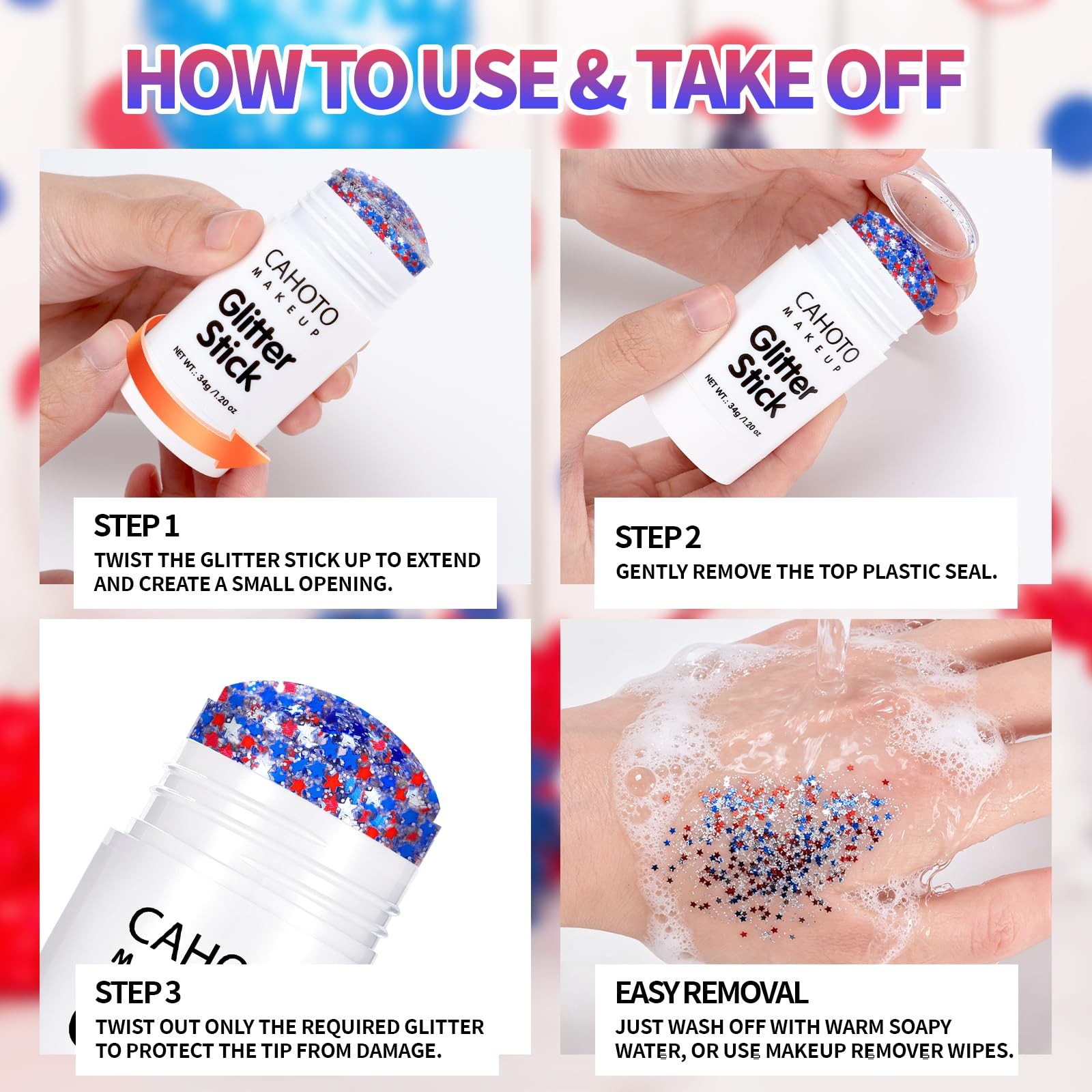 Starlet Glitter Stick, Red White Blue Star for Body Hair, Patriotic Pride USA…
