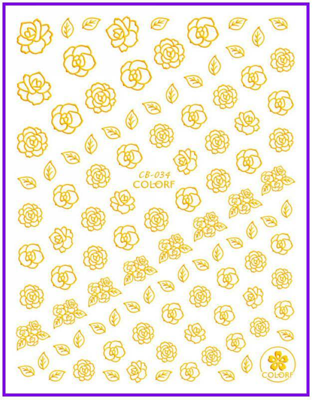 Nail Art 3D Decal Stickers Gold Design Flowers Roses Leaves CB034