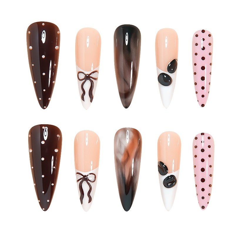 48pcs-Cute Press on Nails with Pink Brown Polka Dots, Bows and Marble, Glossy