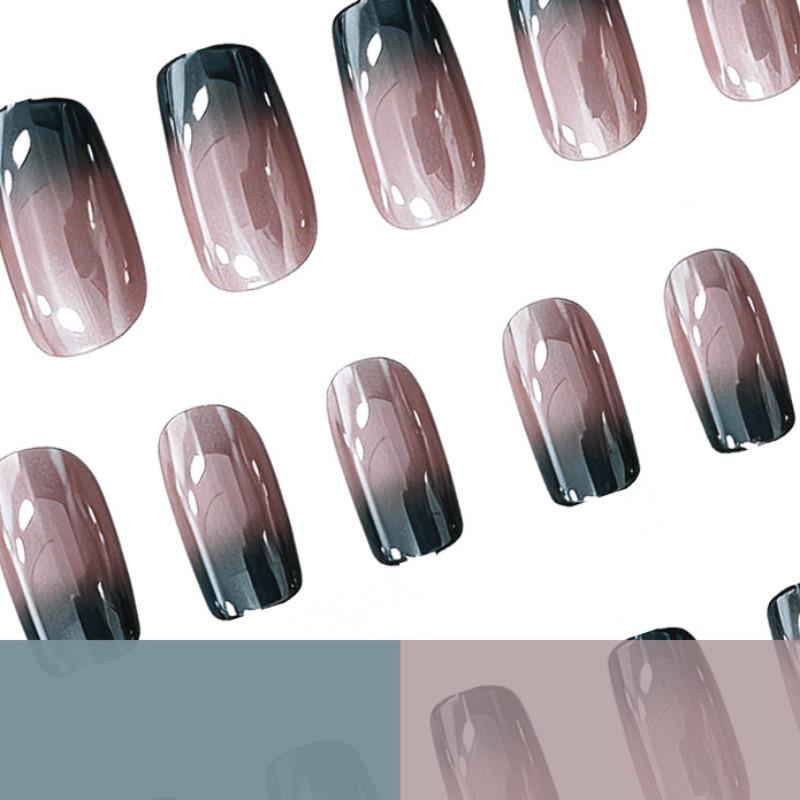 48Pcs Coffin Press on Nails, Nude Gray Gradient Nails with Metallic Edge Design