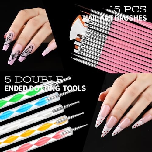 Nail Art Kit with 3D Charms, Gems & Rhinestones, Brushes, Dotting Tools & Stands
