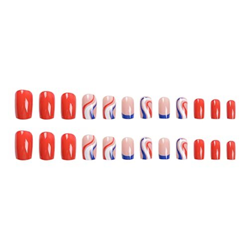 4th of July Press on Nails Extra Short Square French Tip Fake ID Nails Style7