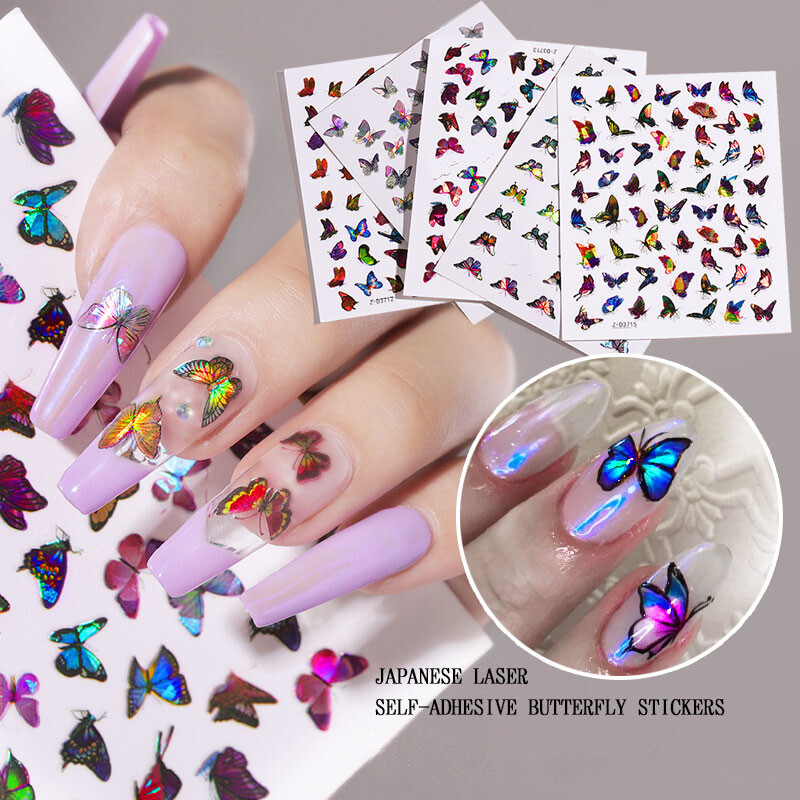 Nail Art Stickers Holographic Foil Transfer Butterfly Waterproof Spring Decals