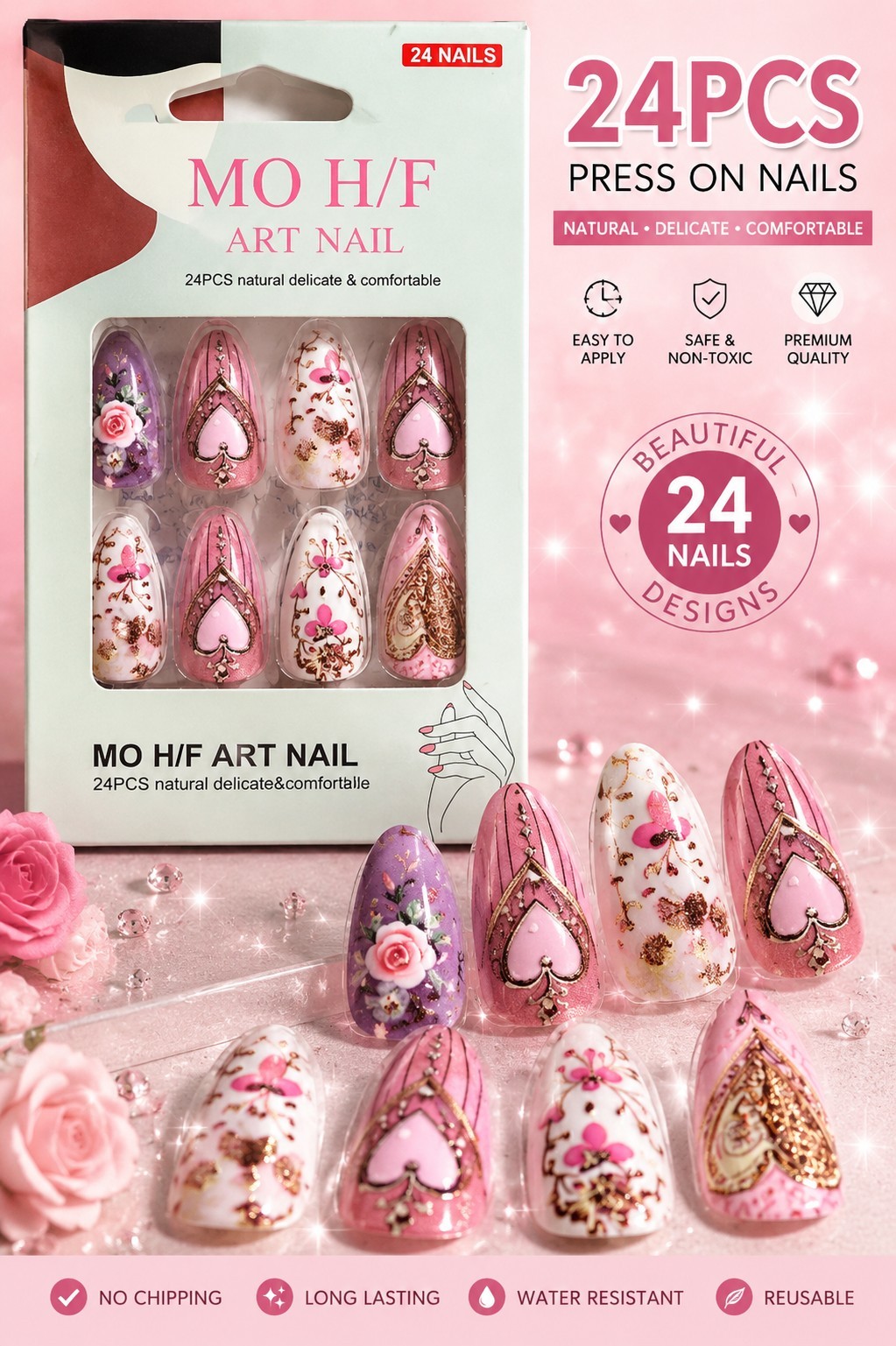 24PCS Pink Heart Floral Press On Nails Almond False Nails Reusable Nail Art Set