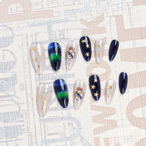 24 Pcs Green Blue Ombre Press On Nails – Cat Eye – Medium Almond Fake Nails