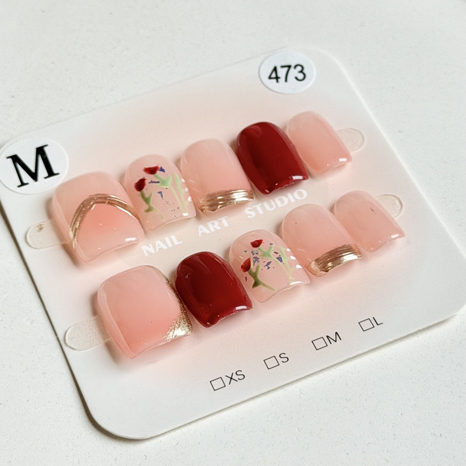 Handmade Pink Red Flower AB Press-On Nails Short Square Size M Reusable 473
