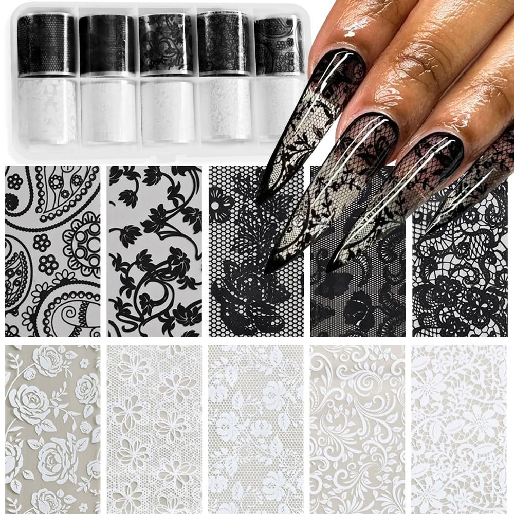Lace Nail Foil Sheets, 10 Rolls Black White 0.8 Inches X 0.3 Inches, 01
