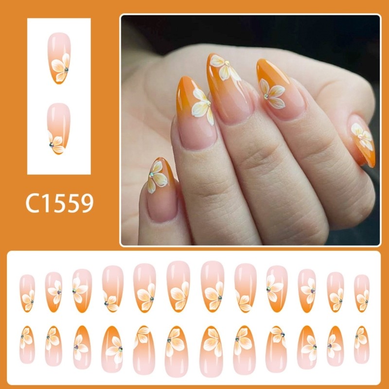 24Pieces Middle Length Glossy Press On Nail Gradient Yellow French Tip Floral