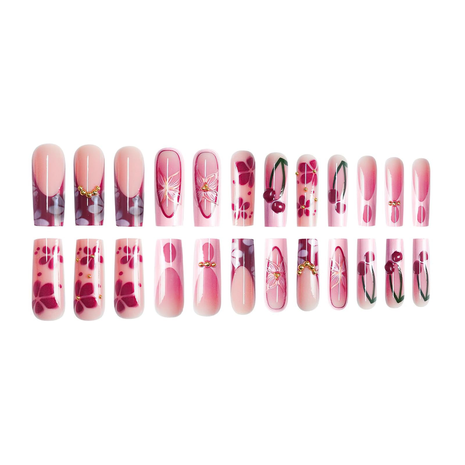 FNKFNK Pink Red French Tip Press on Nails Long Square Fake Nails with Gold Be…