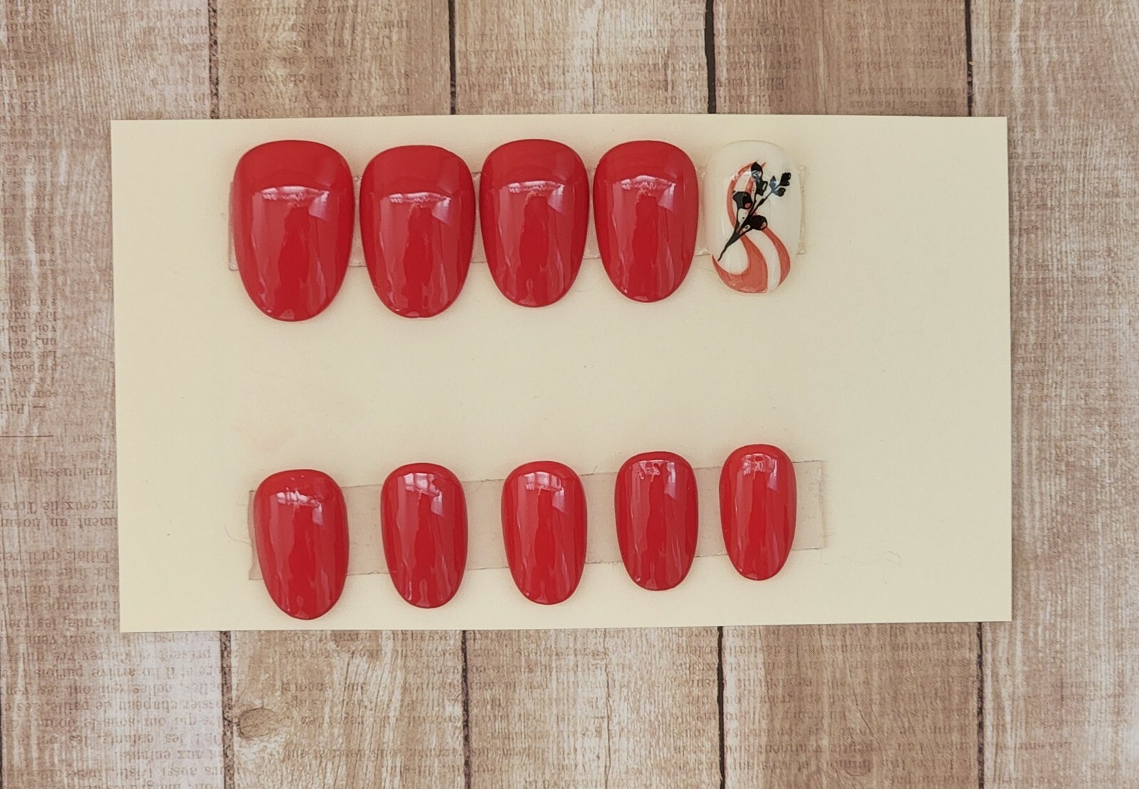Custom Press On Handmade Gel Nails Crimson Abstract Stamped Oval Short 20 Tips