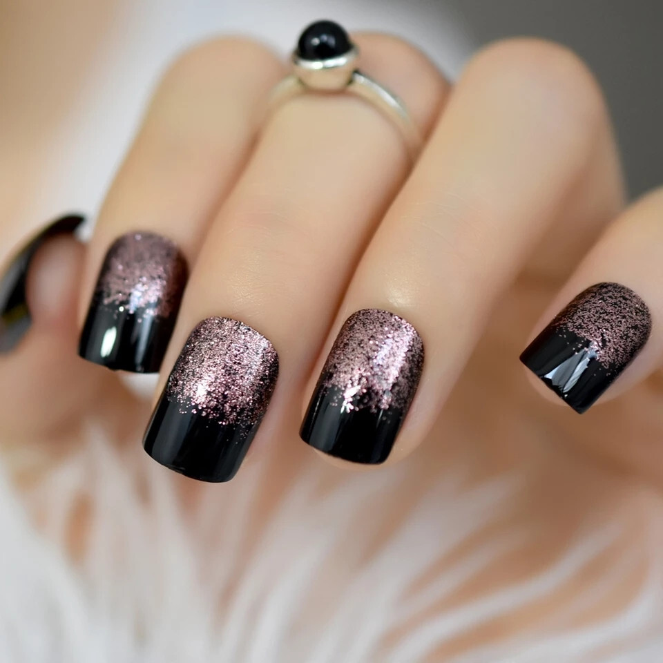 24 Short press on nails kit w glue black square rose gold ombre glitter pink