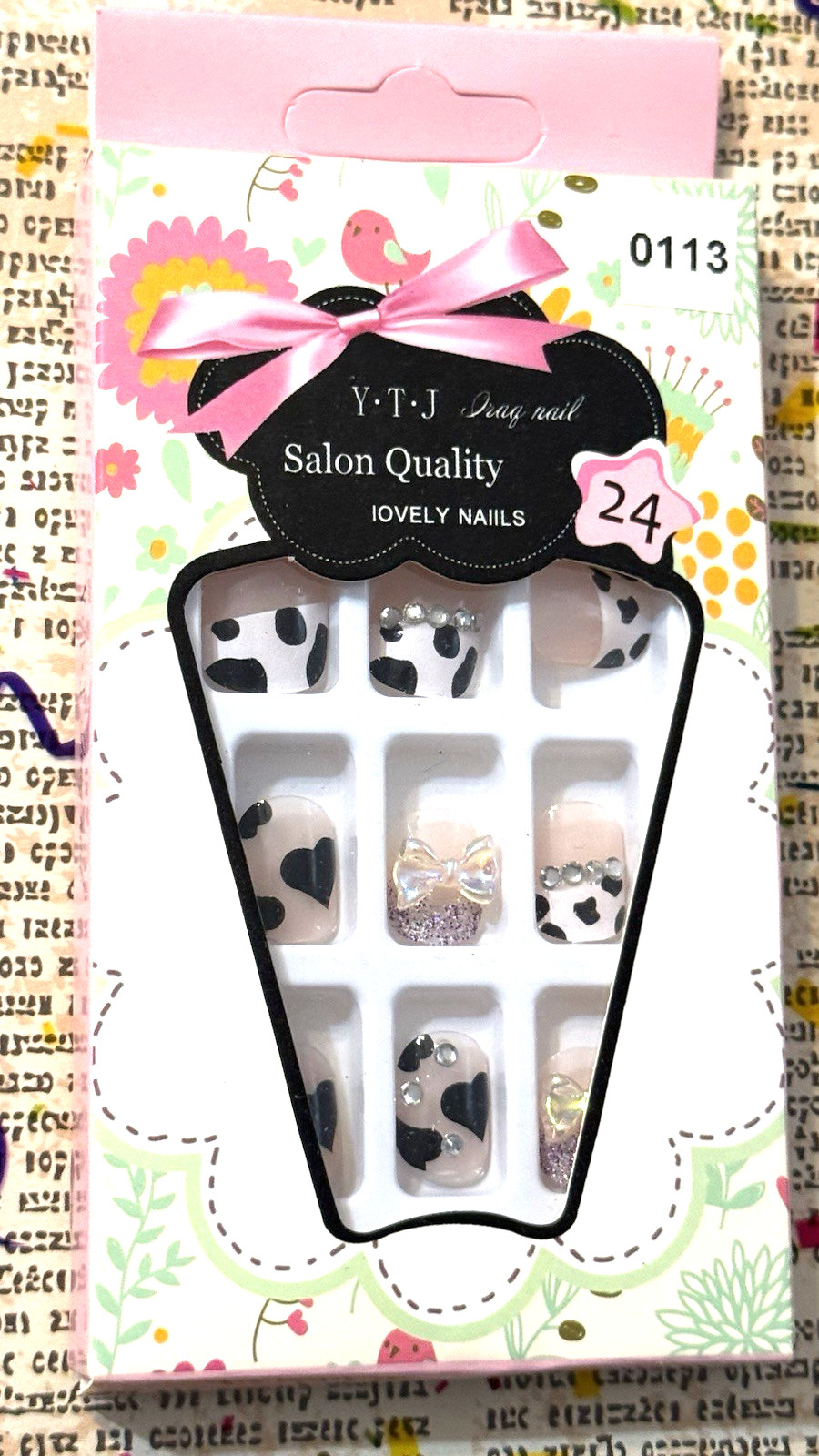YTJ Salon Quality Lovely Press On Nails HEART & COW PRINT FRENCH TIP with BOWS