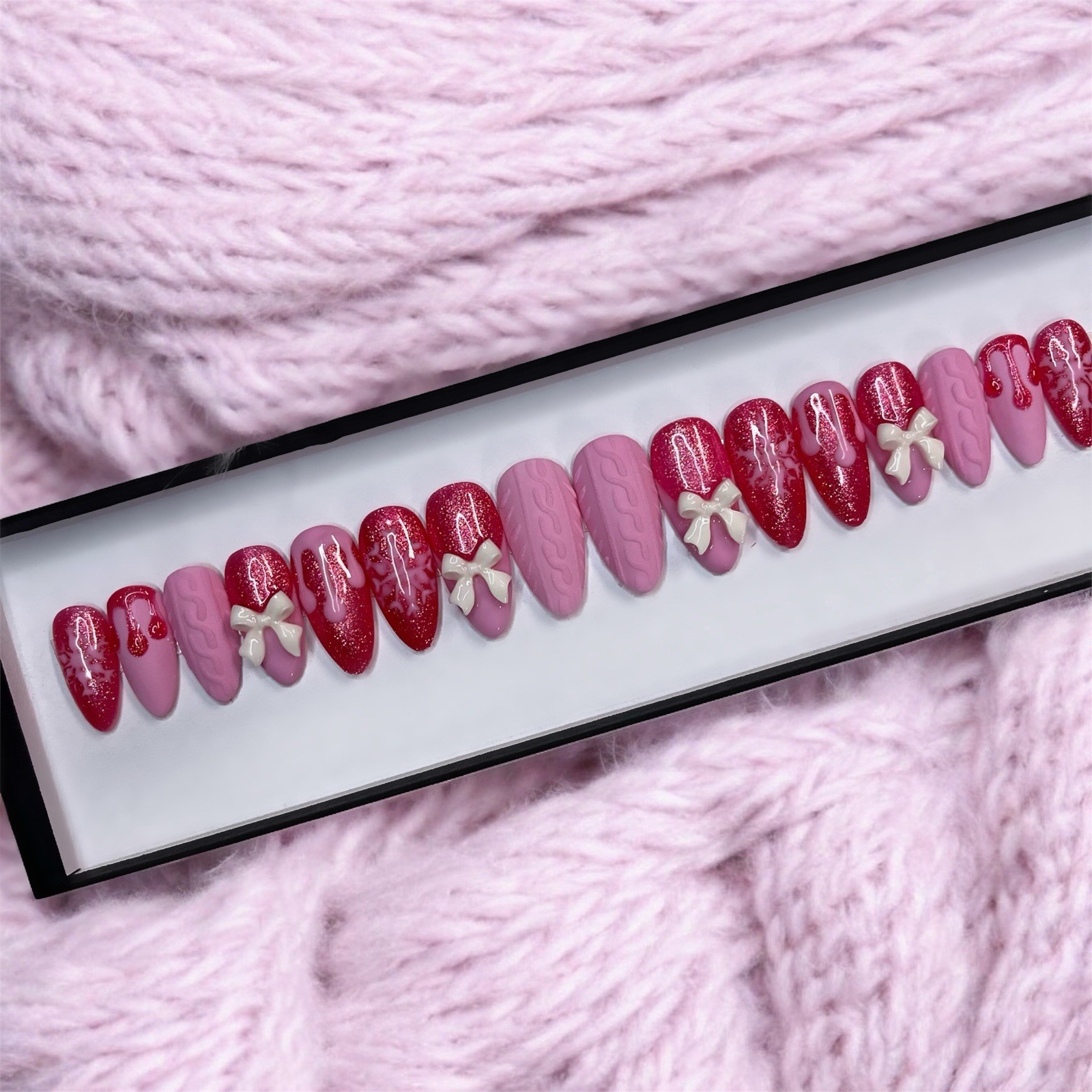 Handmade Pink Sweater Romance Press-On Nail Set Prep Kit Included