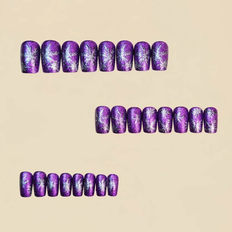48pcs Purple Glitter Snowflake Press-On Nails Winter Christmas Festive Fake Nail