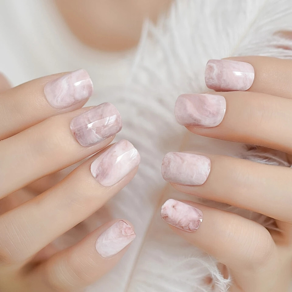 24 Short Press on nails kit w glue pink marble swirl