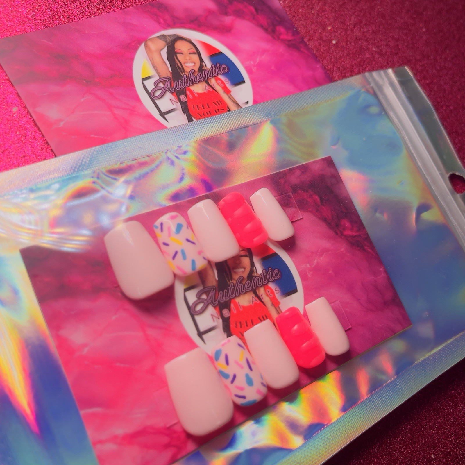 Square Press-On Nails Pink Neon Sprinkles Shiny by Authentic Nail Arts by Dia