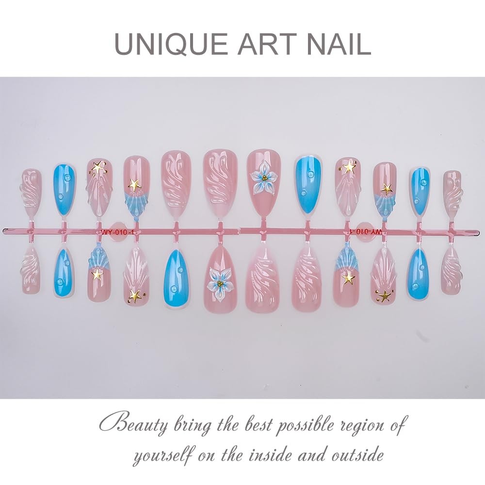 Mermaid Press on Nails for – Ocean French Tip with Gold Stars & 3D Waves, No …