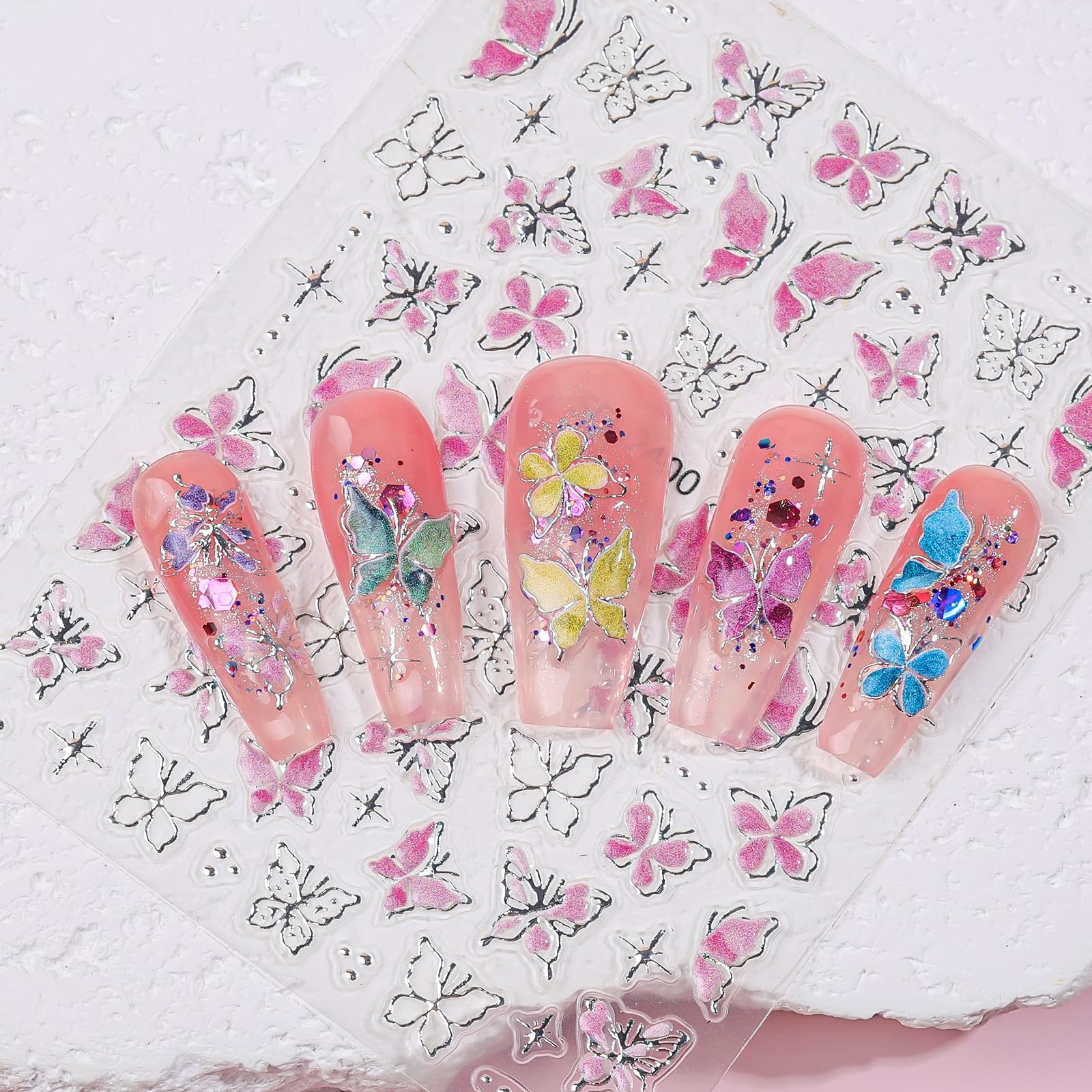 Umillars Butterfly Pink Purple 5D Embossed Nail Stickers 6 Sheets