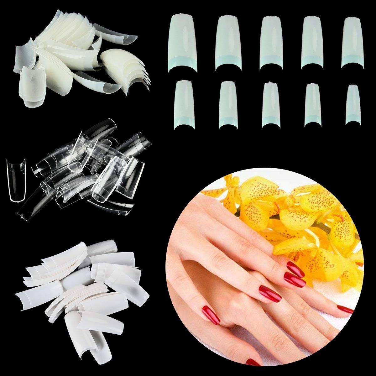 500-1000pcs Set Coffin Nail Tips Long Square French Fake False Nails Transparent