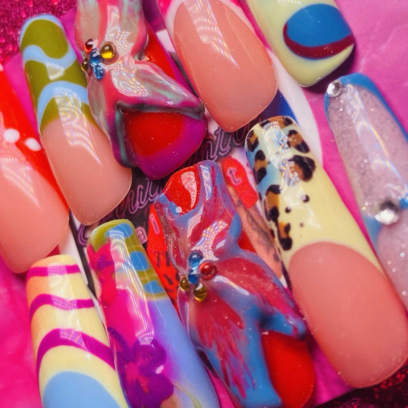 Authentic Nail Arts by Dia Long Coffin Press-On Nails Multicolor 3D Shiny