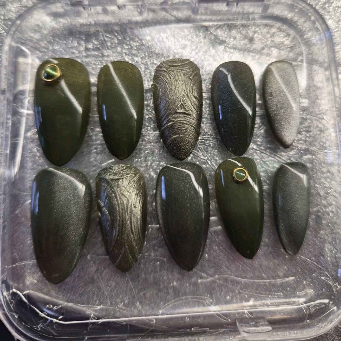 Dark Green Gray Shiny Almond Press-On Nails Set Pre-Designed Full Cover