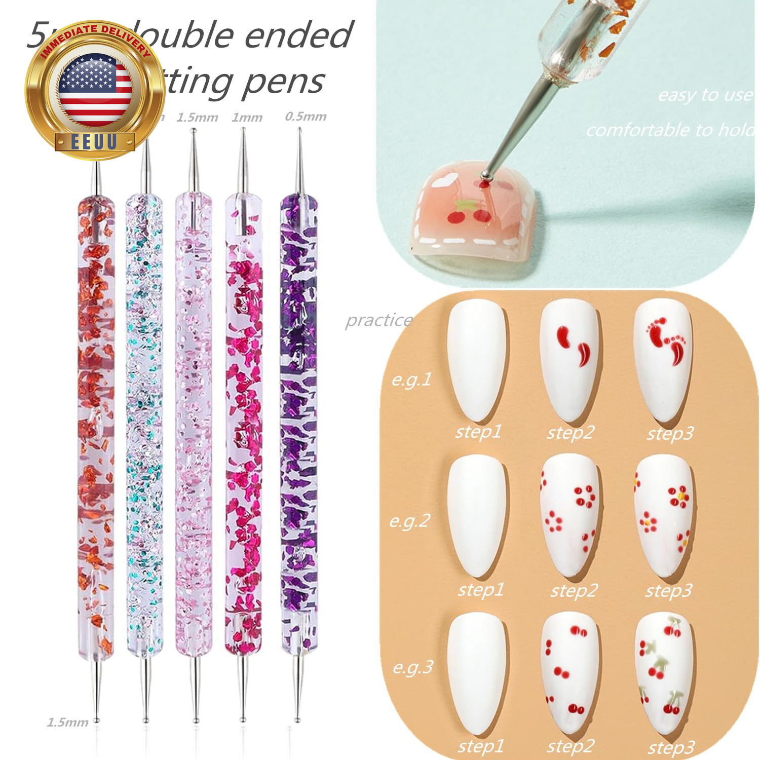 Nail Dotting Tools 10 Pcs Kit – 5 Pcs Double-End Nail Dotting Tools and 5 Pcs Na